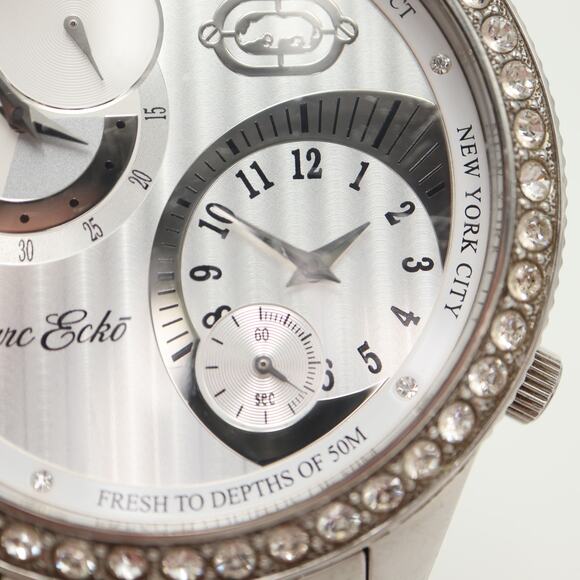 Marc Ecko Mens Dual Time Silver Tone Jumbo 50mm Watch St Steel w New Battery - Picture 7 of 15
